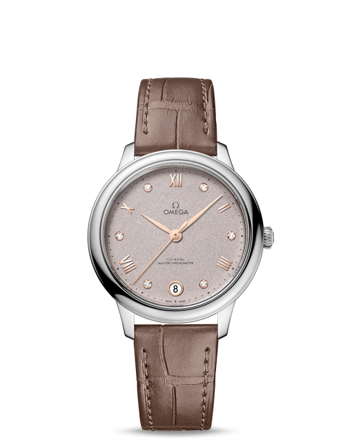 Produktbilde av Omega De Ville Prestige Co-Axial Master Chronometer 34MM med grå urskive og brun skinnrem. Ref. O43413342052002.