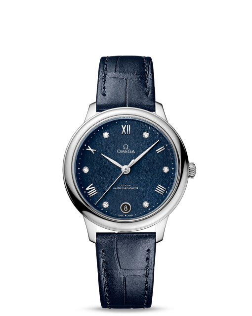 Produktbilde av Omega De Ville Prestige Co-Axial Master Chronometer 34MM med blå urskive og blå skinnrem. Ref. O43413342053002.