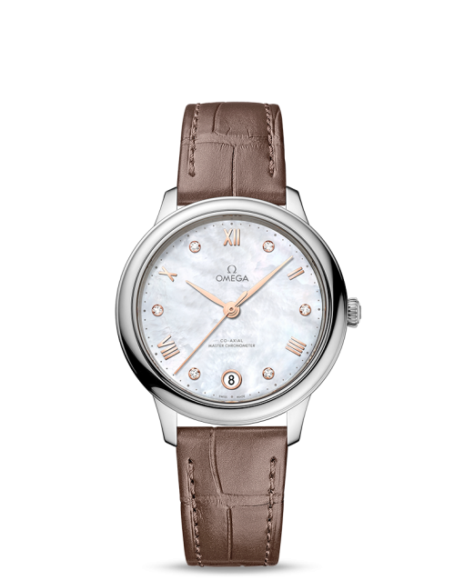 Produktbilde av Omega De Ville Prestige Co-Axial Master Chronometer 34MM med perlemor og brun skinnrem. Ref. O43413342055001.