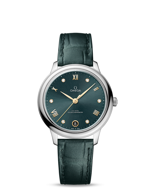 Produktbilde av Omega De Ville Prestige Co-Axial Master Chronometer 34MM med grønn urskive og grønn skinnrem. Ref. O43413342060001.