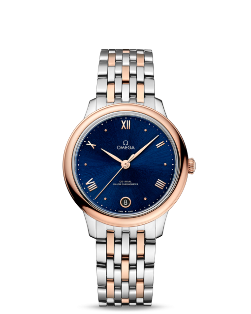 Produktbilde av Omega De Ville Prestige Co-Axial Master Chronometer 34MM med blå urskive og stållenke. Ref. O43420342003001.
