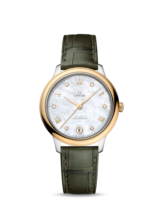 Produktbilde av Omega De Ville Prestige Co-Axial Master Chronometer 34MM med perlemor urskive og grønn skinnrem. Ref. O43423342055002.