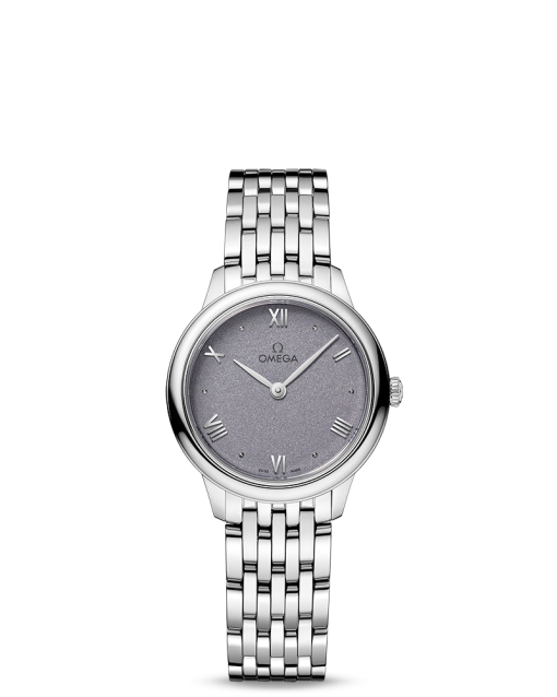 Produktbilde av Omega De Ville Prestige Quartz 27.5MM med lilla urskive og stållenke. Ref. O43410286003001.