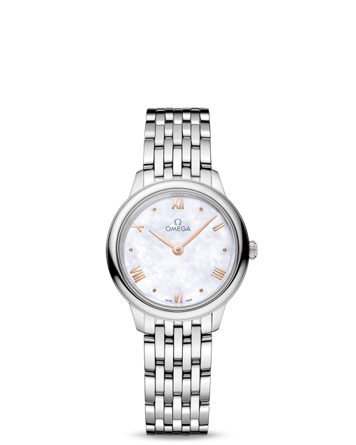Produktbilde av Omega De Ville Prestige Quartz 27.5MM med hvit, perlemor urskive og stållenke. Ref. O43410286005001.