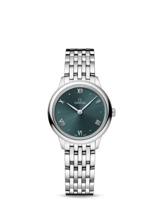 Produktbilde av Omega De Ville Prestige Quartz 27.5MM med blå urskive og stållenke. Ref. O43410286010001.