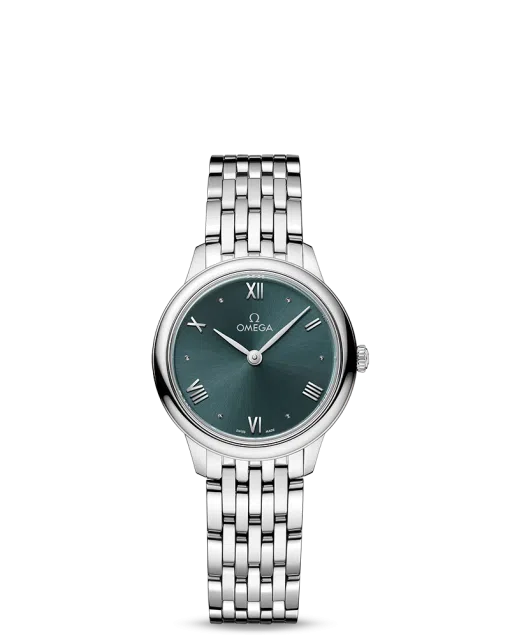 Produktbilde av Omega De Ville Prestige Quartz 27.5MM med blå urskive og stållenke. Ref. O43410286010001.