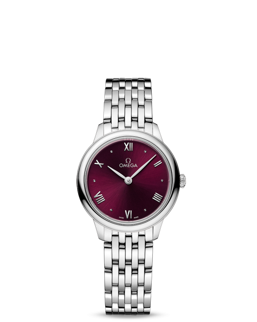 Produktbilde av Omega De Ville Prestige Quartz 27.5MM med rød urskive og stållenke. Ref. O43410286011001.