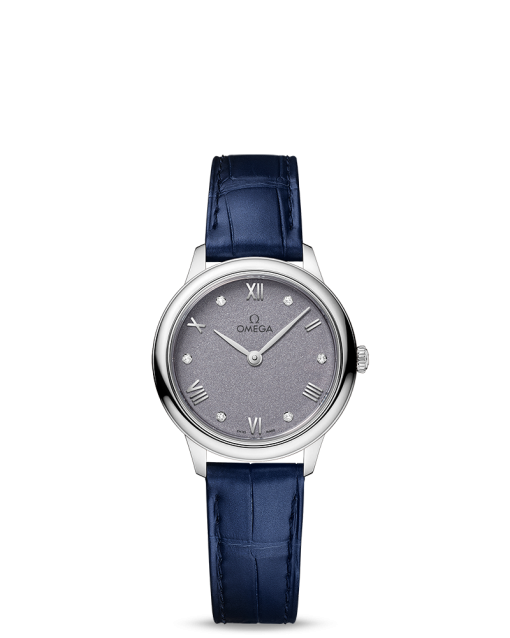 Produktbilde av Omega De Ville Prestige Quartz 27.5MM med lilla urskive og blå skinnrem. Ref. O43413286053001.