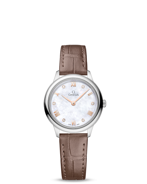 Produktbilde av Omega De Ville Prestige Quartz 27.5MM med hvit, perlemor og skinnrem. Ref. O43413286055001.