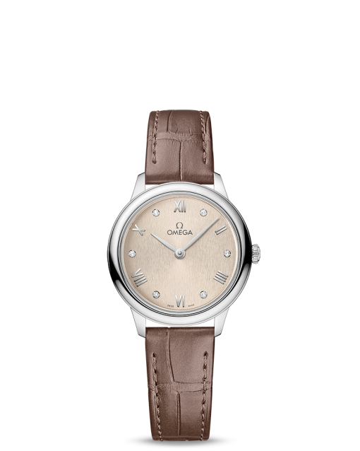 Produktbilde av Omega De Ville Prestige Quartz 27.5MM med champagne urskive og skinnrem. Ref. O43413286059001.