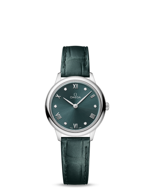 Produktbilde av Omega De Ville Prestige Quartz 27.5MM med grønn urskive og grønn skinnrem. Ref. O43413286060001.