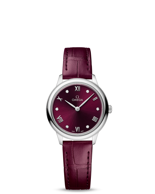 Produktbilde av Omega De Ville Prestige Quartz 27.5MM med rød urskive og rød skinnrem. Ref. O43413286061001.