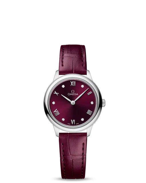 Produktbilde av Omega De Ville Prestige Quartz 27.5MM med rød urskive og rød skinnrem. Ref. O43413286061001.