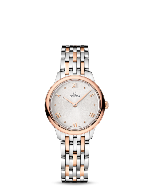 Produktbilde av Omega De Ville Prestige Quartz 27.5MM med hvit urskive og stållenke. Ref. O43420286002001.