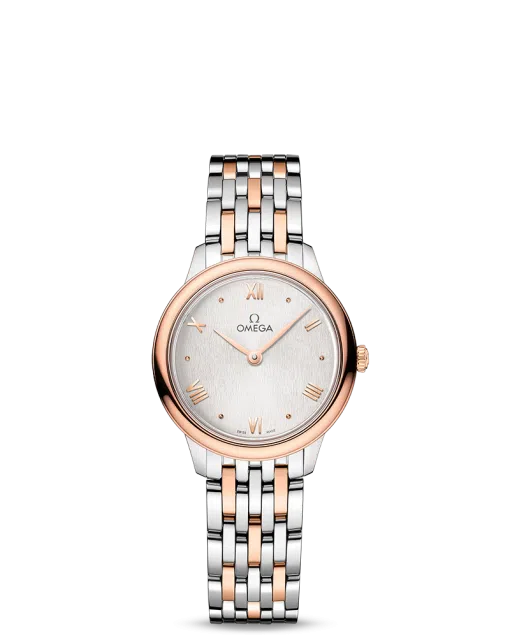 Produktbilde av Omega De Ville Prestige Quartz 27.5MM med hvit urskive og stållenke. Ref. O43420286002001.