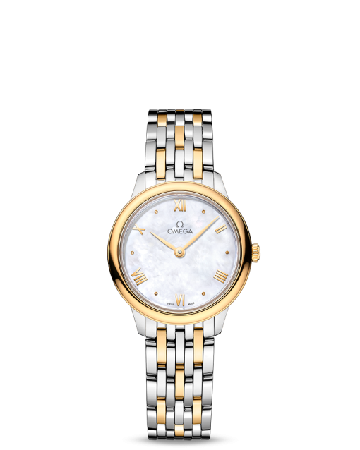 Produktbilde av Omega De Ville Prestige Quartz 27.5MM med hvit, perlemor urskive og stållenke. Ref. O43420286005001.
