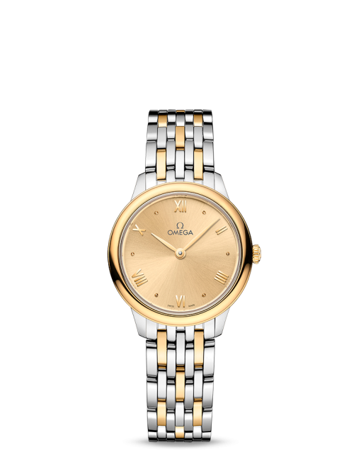 Produktbilde av Omega De Ville Prestige Quartz 27.5MM med gullfarget urskive og stållenke. Ref. O43420286008001.