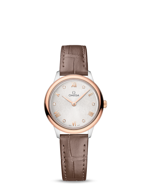 Produktbilde av Omega De Ville Prestige Quartz 27.5MM med hvit urskive og brun skinnrem. Ref. O43423286052001.