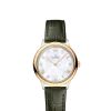Produktbilde av Omega De Ville Prestige Quartz 27.5MM med hvit, perlemor urskive og grønn skinnrem. Ref. O43423286055001.