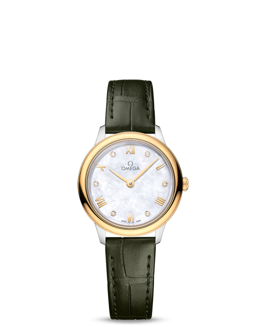 Produktbilde av Omega De Ville Prestige Quartz 27.5MM med hvit, perlemor urskive og grønn skinnrem. Ref. O43423286055001.