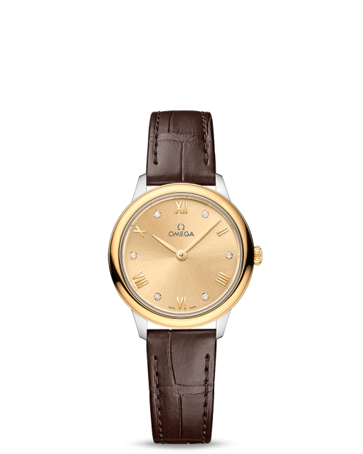 Produktbilde av Omega De Ville Prestige Quartz 27.5MM med gullfarget urskive og skinnrem. Ref. O43423286058001.