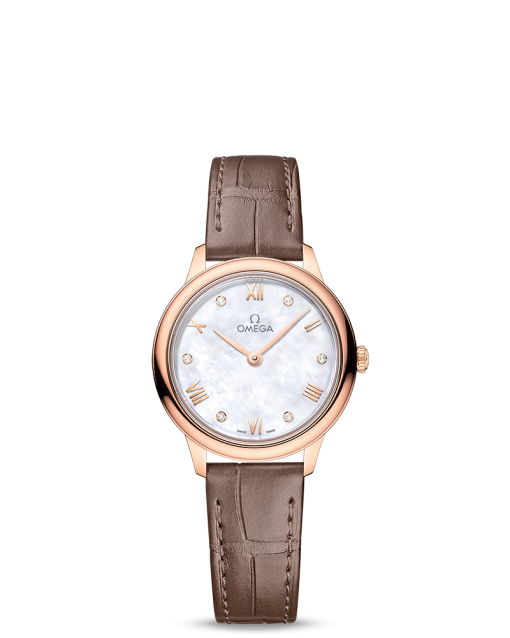 Produktbilde av Omega De Ville Prestige Quartz 27.5MM med hvit, perlemor og brun skinnrem. Ref. O43453286055001.