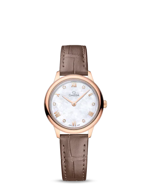Produktbilde av Omega De Ville Prestige Quartz 27.5MM med hvit, perlemor og brun skinnrem. Ref. O43453286055001.