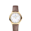 Produktbilde av Omega De Ville Prestige Quartz 27.5MM med hvit, perlemor urskive og en brun skinnrem. Ref. O43453286055002.