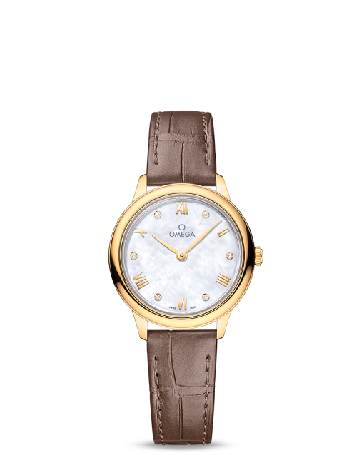 Produktbilde av Omega De Ville Prestige Quartz 27.5MM med hvit, perlemor urskive og en brun skinnrem. Ref. O43453286055002.