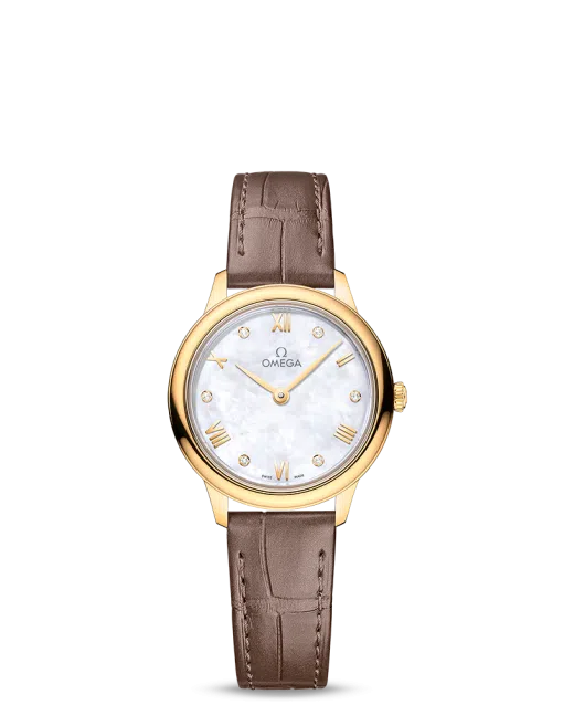 Produktbilde av Omega De Ville Prestige Quartz 27.5MM med hvit, perlemor urskive og en brun skinnrem. Ref. O43453286055002.