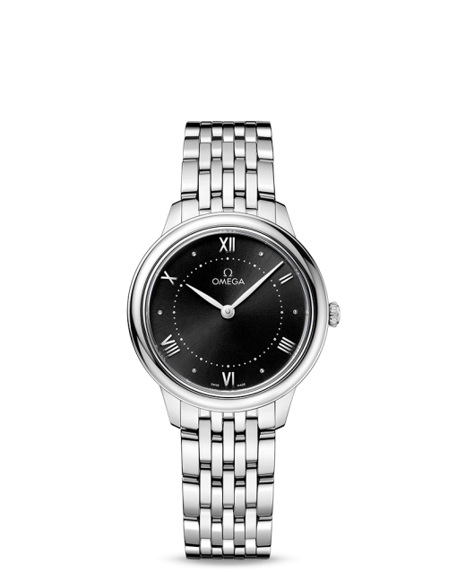Produktbilde av Omega De Ville Prestige Quartz 30MM med sort urskive og stållenke. Ref. O43410306001001.