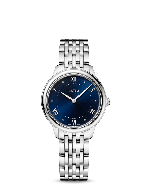 Produktbilde av Omega De Ville Prestige Quartz 30MM med blå urskive og stållenke. Ref. O43410306003001.