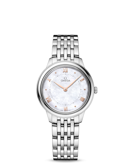 Produktbilde av Omega De Ville Prestige Quartz 30MM med hvit, perlemor urskive og stållenke. Ref. O43410306005001.