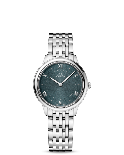 Produktbilde av Omega De Ville Prestige Quartz 30MM med grønn urskive og stållenke. Ref. O43410306010001.