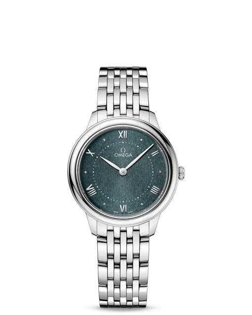 Produktbilde av Omega De Ville Prestige Quartz 30MM med grønn urskive og stållenke. Ref. O43410306010001.