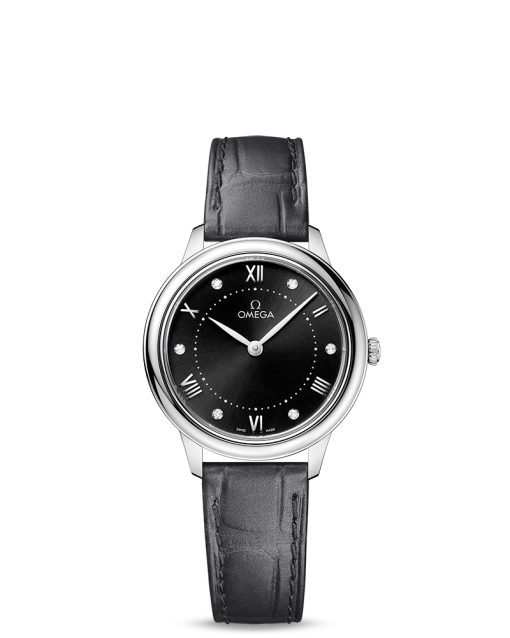 Produktbilde av Omega De Ville Prestige Quartz 30MM med sort urskive og sort skinnrem. Ref. O43413306051001.