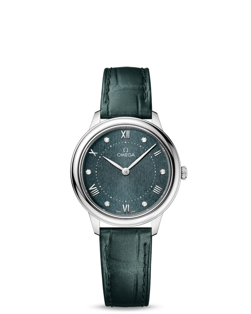 Produktbilde av Omega De Ville Prestige Quartz 30MM med grønn urskive og grønn skinnrem. Ref. O43413306060001.