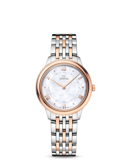 Produktbilde av Omega De Ville Prestige Quartz 30MM med hvit, perlemor urskive og stållenke. Ref. O43420306005001.
