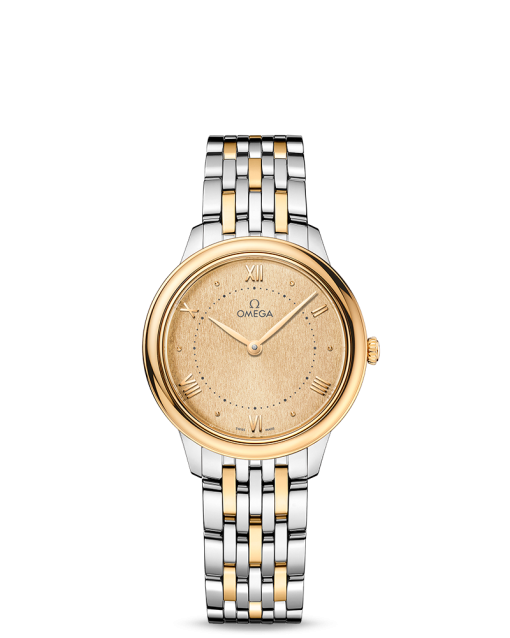 Produktbilde av Omega De Ville Prestige Quartz 30MM med gullfarget urskive og stållenke. Ref. O43420306008001.