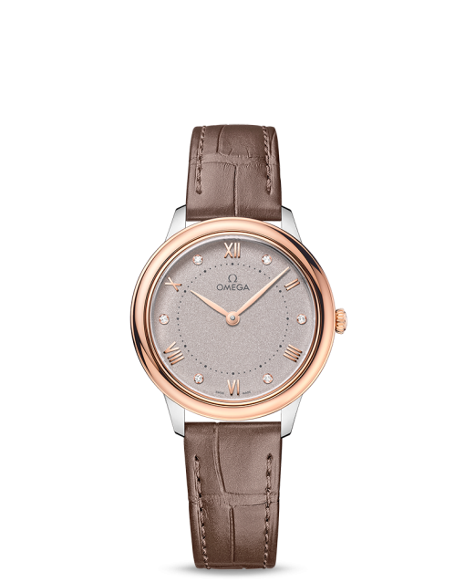 Produktbilde av Omega De Ville Prestige Quartz 30MM med grå urskive og brun skinnrem. Ref. O43423306052001.