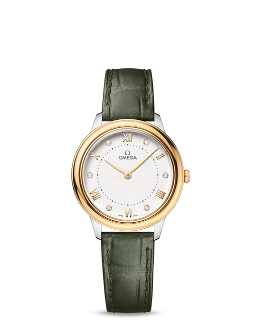 Produktbilde av Omega De Ville Prestige Quartz 30MM med hvit urskive og grønn skinnrem. Ref. O43423306052002.