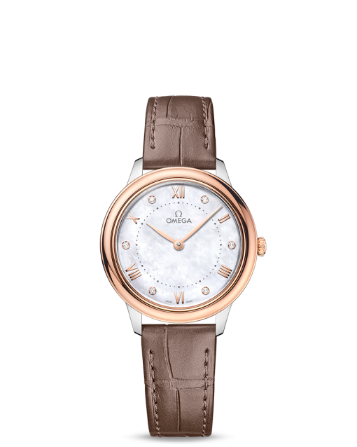 Produktbilde av Omega De Ville Prestige Quartz 30MM med hvit, perlemor urskive og brun skinnrem. Ref. O43423306055001.
