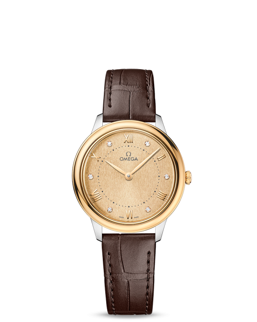Produktbilde av Omega De Ville Prestige Quartz 30MM med gullfarget urskive og brun skinnrem. Ref. O43423306058001.