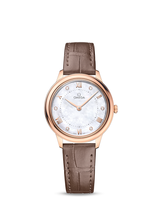 Produktbilde av Omega De Ville Prestige Quartz 30MM med hvit, perlemor urskive og brun skinnrem. Ref. O43453306055001.