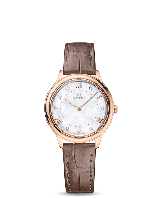 Produktbilde av Omega De Ville Prestige Quartz 30MM med hvit, perlemor urskive og brun skinnrem. Ref. O43453306055001.