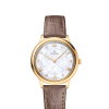 Produktbilde av Omega De Ville Prestige Quartz 30MM med hvit, perlemor urskive og brun skinnrem. Ref. O43453306055002.