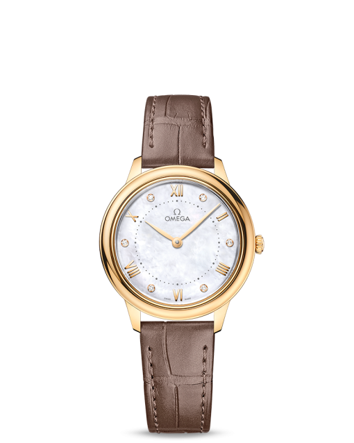 Produktbilde av Omega De Ville Prestige Quartz 30MM med hvit, perlemor urskive og brun skinnrem. Ref. O43453306055002.