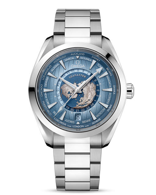 Produktbilde av Omega Seamaster Aqua Terra 150M «Summer Blue» Co-Axial Master Chronometer GMT Worldtimer 43MM med blå urskive på stållenke. Ref. O22010432203002.