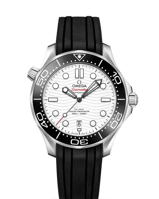 Produktbilde av Omega Seamaster Diver 300M Co-Axial Master Chronometer 42 MM med hvit skive og sort gummireim. Ref. 210.32.42.20.04.001