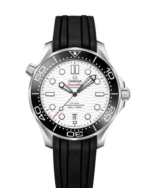 Produktbilde av Omega Seamaster Diver 300M Co-Axial Master Chronometer 42 MM med hvit skive og sort gummireim. Ref. 210.32.42.20.04.001